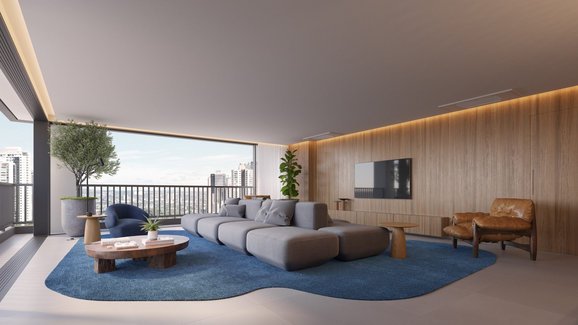 Living da penthouse do Island Vaca Brava com varanda voltada para a cidade (imagem ilustrativa)