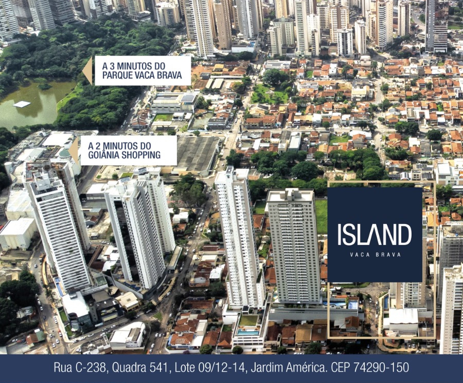 Mapa oficial de localização do Island Vaca Brava, vista aérea do Jardim América com o Parque Vaca Brava a 3 minutos e o Goiânia Shopping a 2 minutos