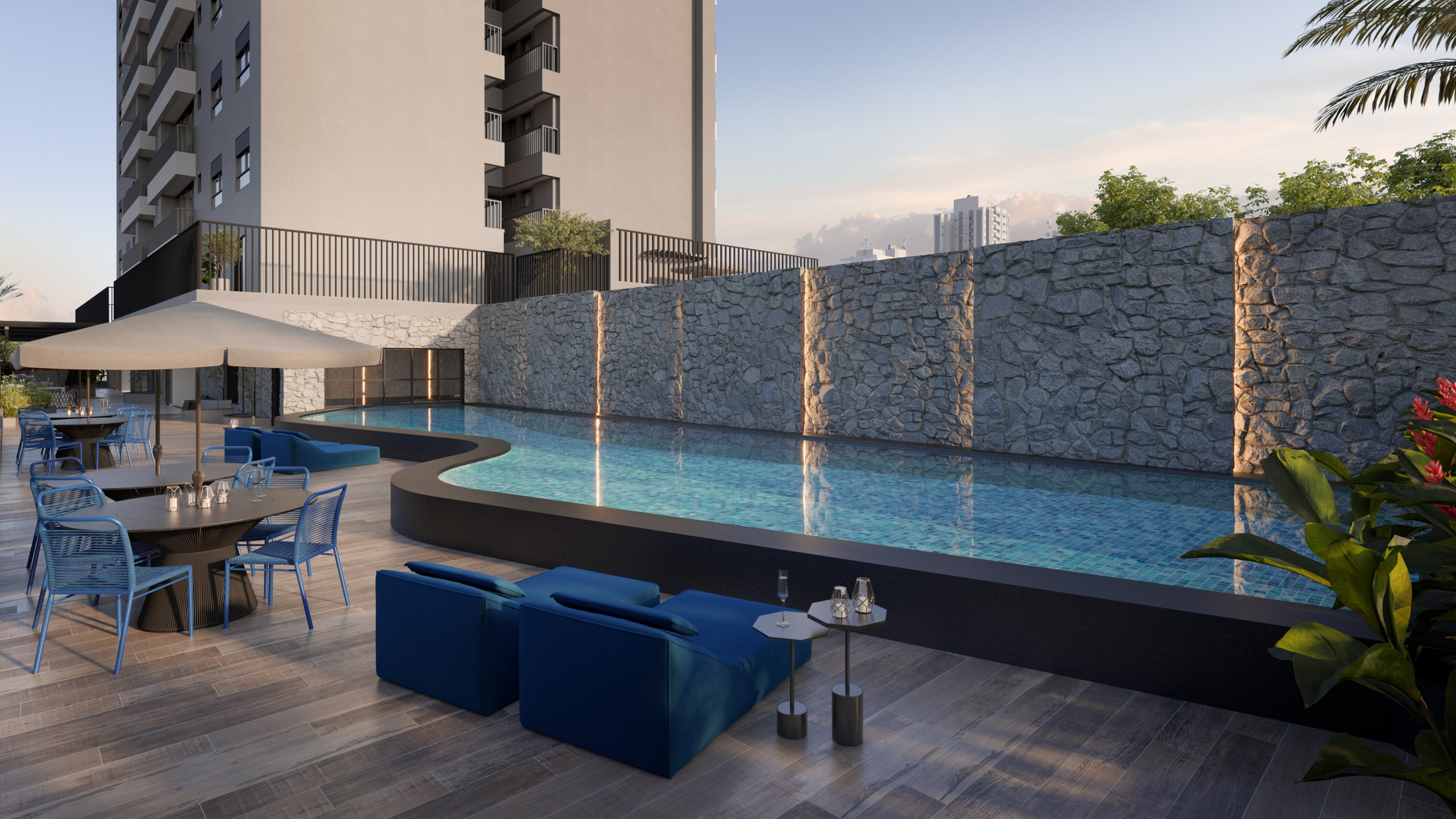 Piscina do Island Vaca Brava com deck e parede em pedra (imagem ilustrativa)