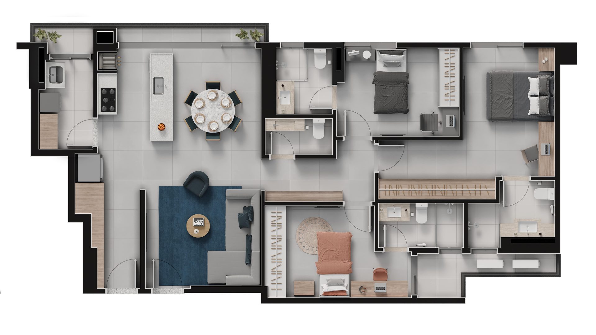 Planta baixa do apartamento Tipo A de 122 m², final 03, Island Vaca Brava