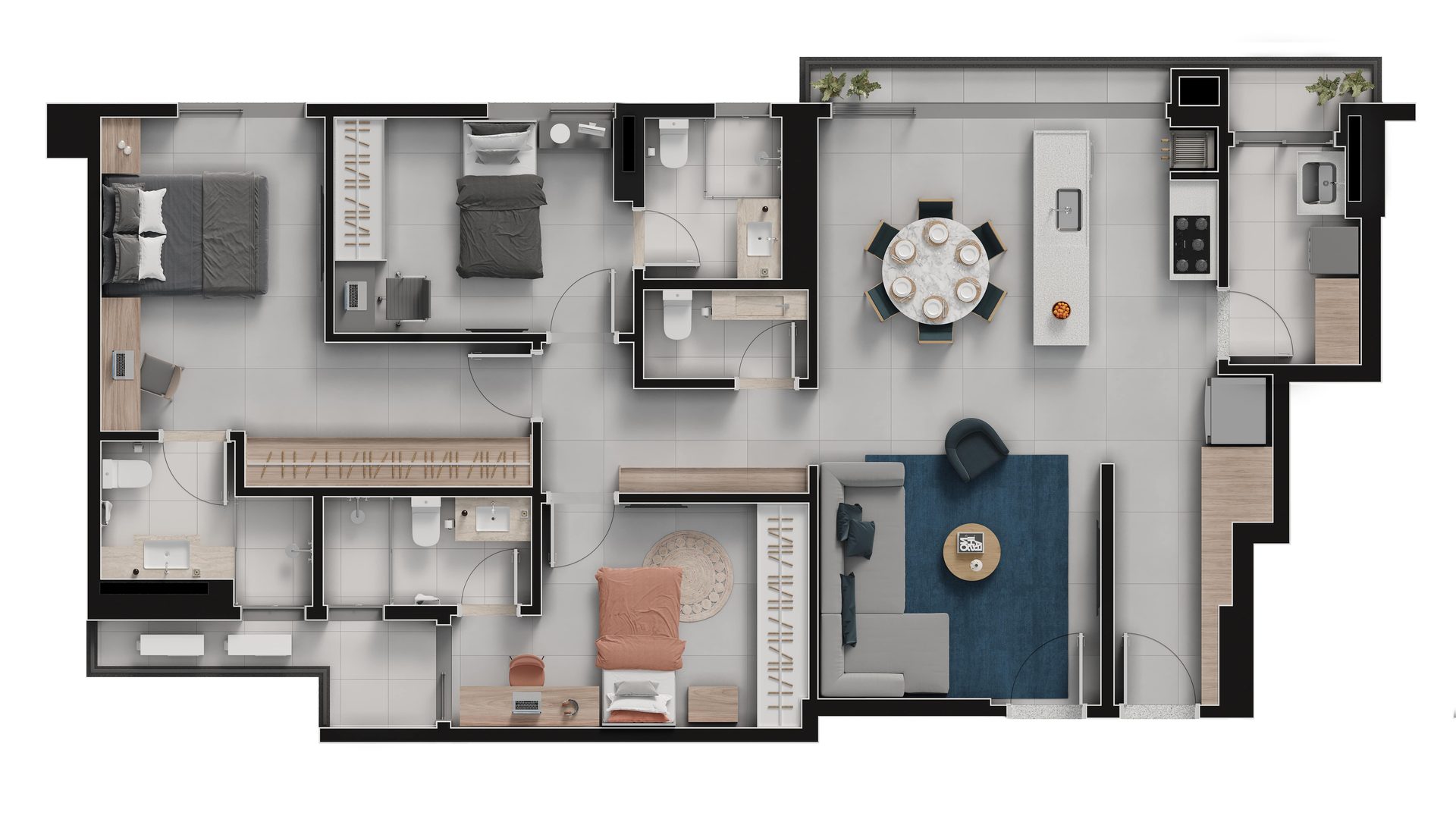 Planta baixa do apartamento Tipo A de 122 m², final 04, Island Vaca Brava