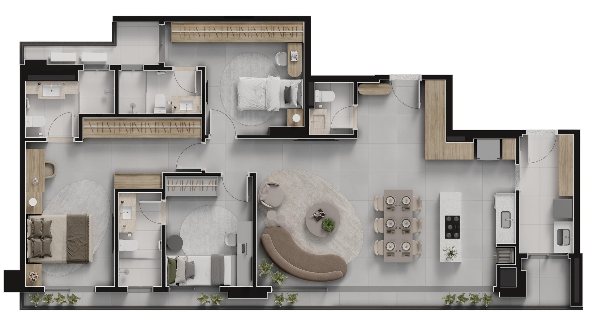 Planta baixa do apartamento Tipo B de 133 m², final 01, Island Vaca Brava