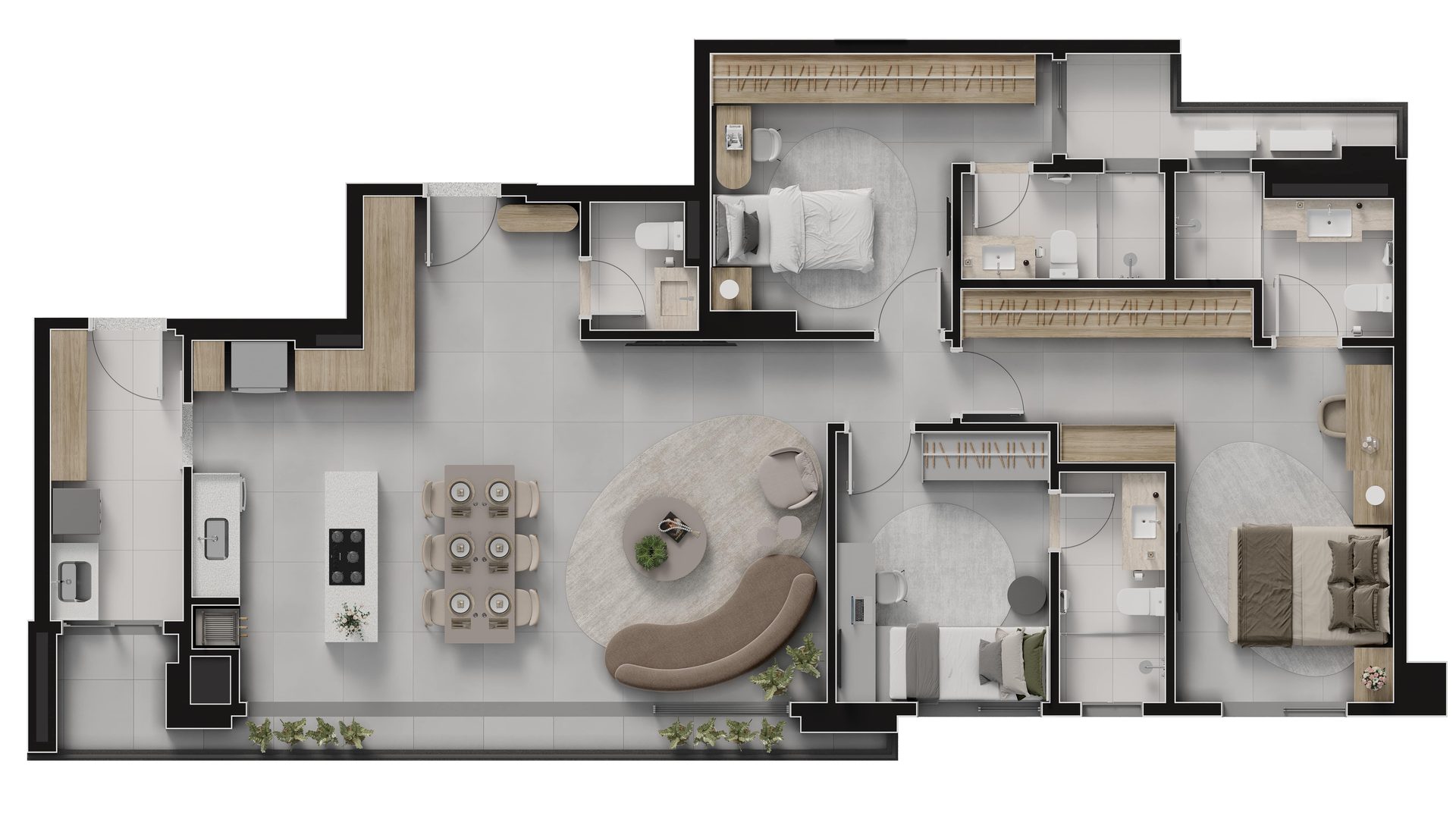 Planta baixa do apartamento Tipo B de 133 m², final 02, Island Vaca Brava