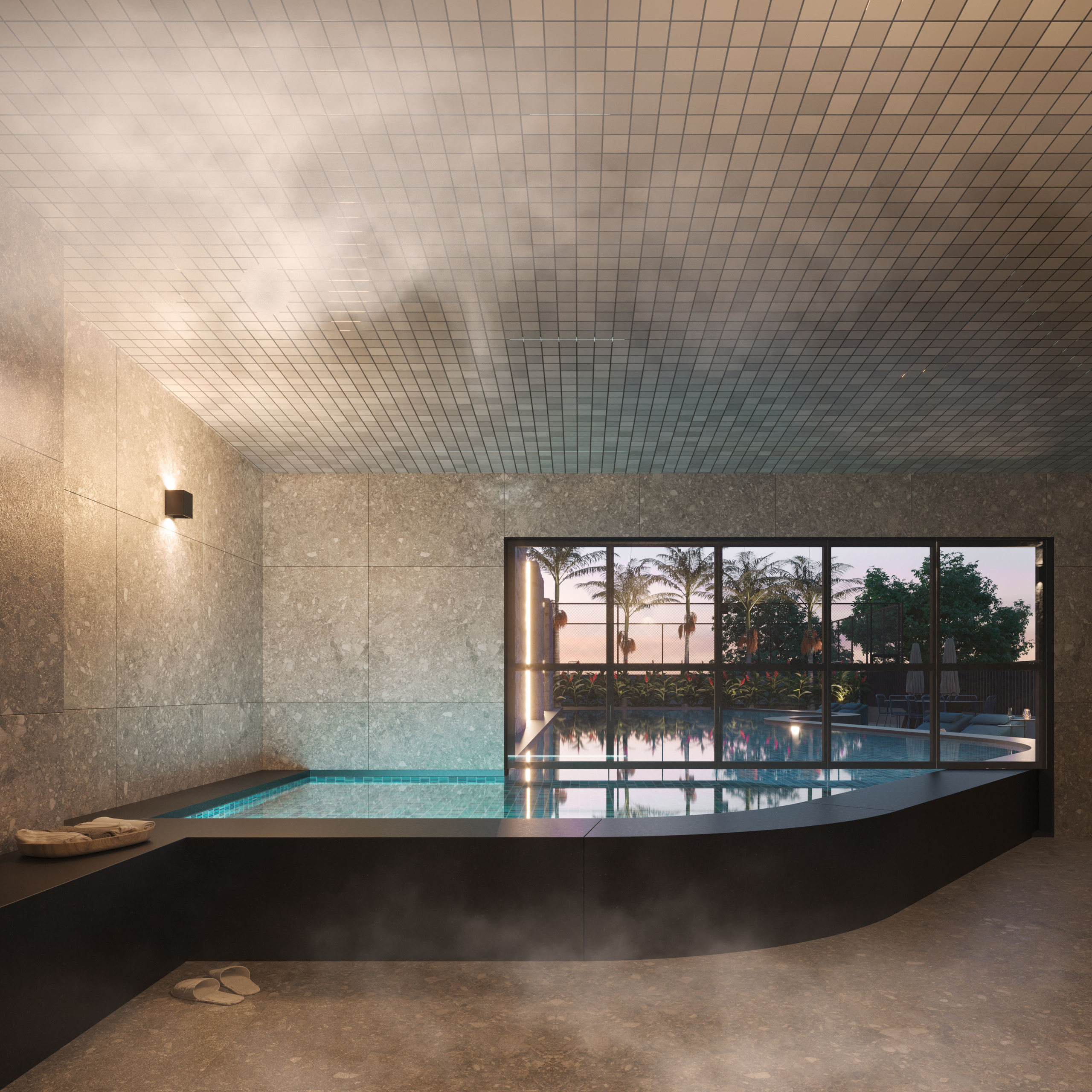 Sauna molhada com parede em vidro do Island Vaca Brava (imagem ilustrativa)
